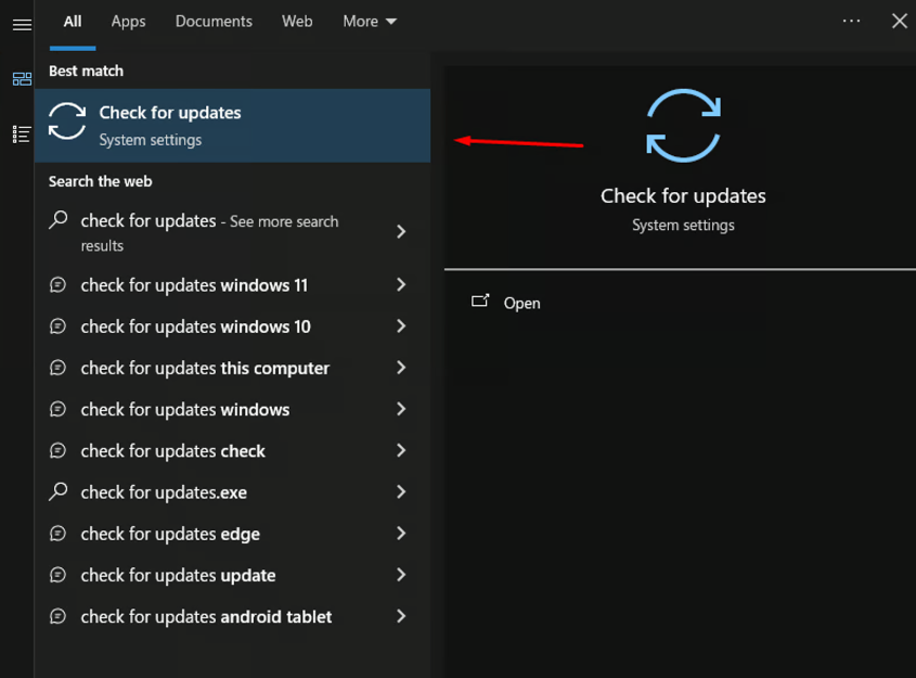 In this picture, you can see how keeping your Windows up to date helps reduce CS2 blue screens or CS:GO crashes on launch. Press the Windows key on your keyboard, type 'Check for Updates' in the search box, and click on it. Then, click 'Check for Updates' again to ensure your system is fully updated.