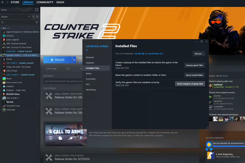 In this photo, you can see how to fix issues like CS2 keeps crashing or CS2 (CS:GO) freezing during gameplay. Open your Steam library, locate Counter-Strike, and right-click on the game icon. Select 'Properties' from the menu, go to the 'Local Files' tab, and click the 'Verify integrity of game files' button. Steam will then check and repair any corrupted files in just a few minutes, helping to resolve crashes.